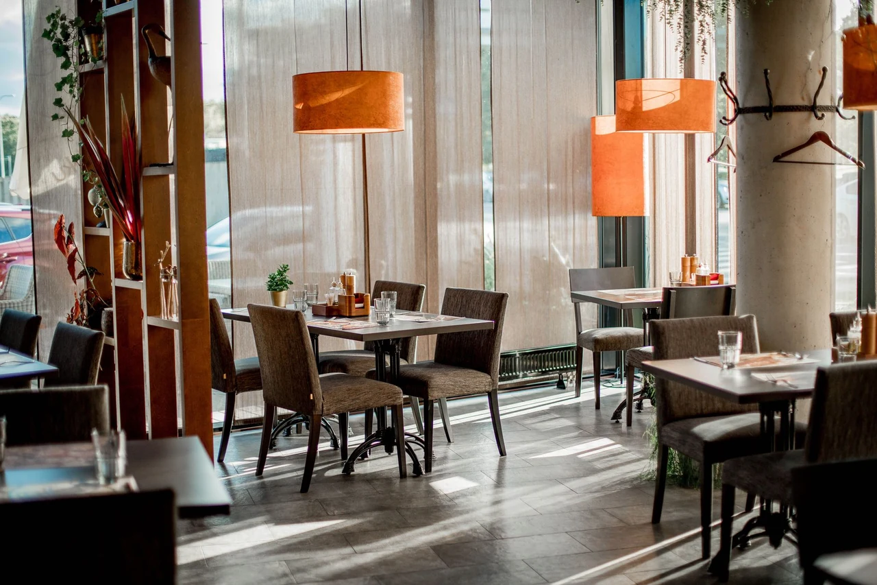 A warm restaurant dining room