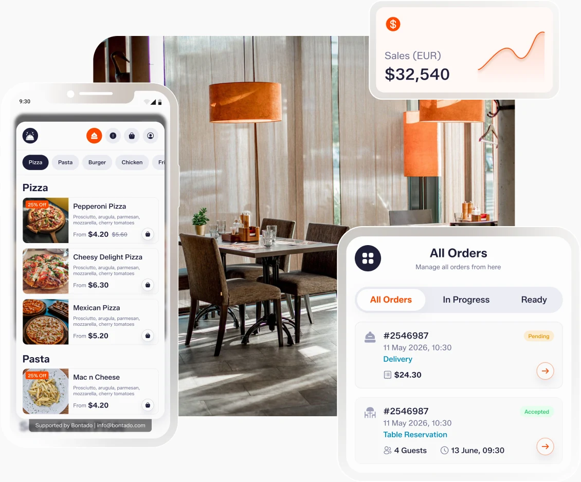Bontado ordering website, mobile menu, and restaurant dashboard previews