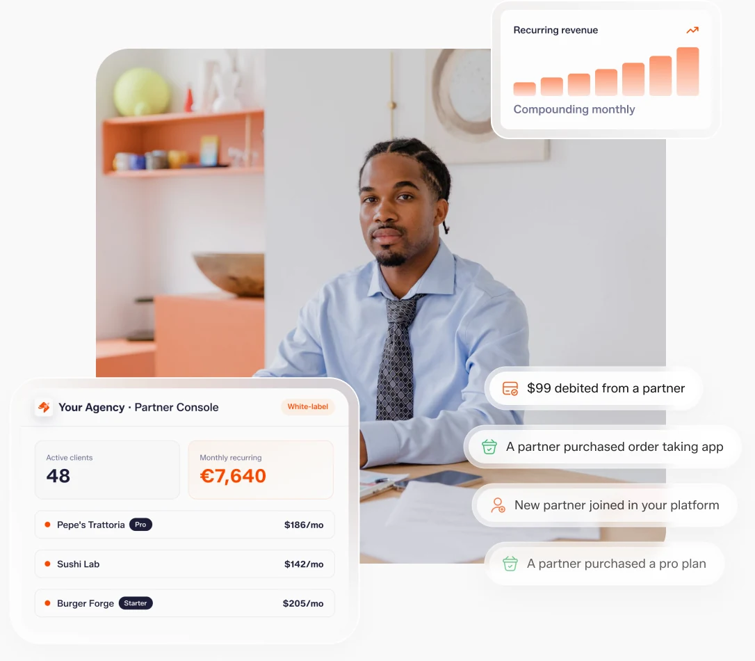 A partner reviewing their console with client and revenue cards